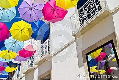 Street decorated with colored umbrellas, Agueda, Portugal Editorial Stock Photo