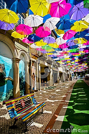 Street decorated with colored umbrellas, Agueda, Portugal Editorial Stock Photo