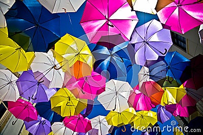 Street decorated with colored umbrellas, Agueda, Portugal Stock Photo