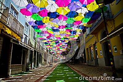 Street decorated with colored umbrellas, Agueda, Portugal Editorial Stock Photo