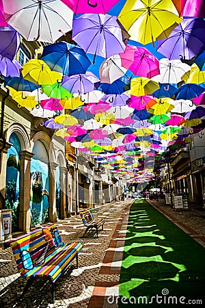 Street decorated with colored umbrellas, Agueda, Portugal Editorial Stock Photo