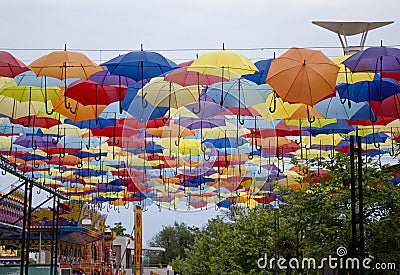 Street decorated with colored umbrellas in Odessa, Ukraine Editorial Stock Photo