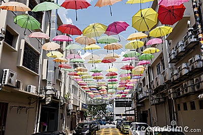 Street decorated with colored umbrellas.Petaling Jaya, Malaysia. Editorial Stock Photo