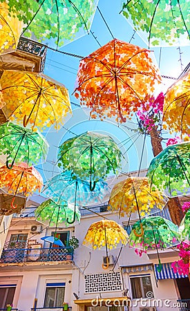 Street decorated with colorful umbrellas Editorial Stock Photo
