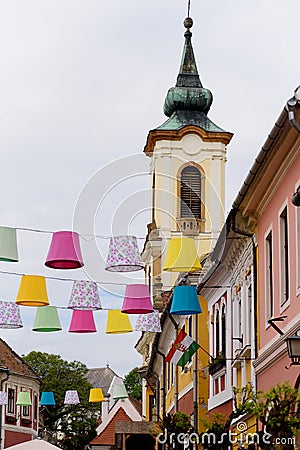 Street decoration of plenty colorful lampshades in old town of Szentendre. Hungary Stock Photo
