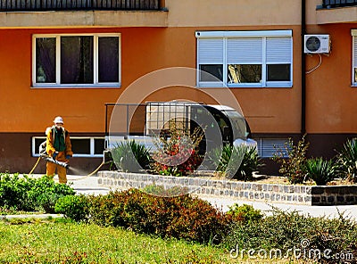 Street disinfection and decontamination work by spraying the sidewalks Editorial Stock Photo