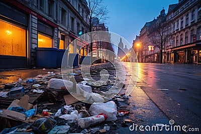 Street of a European city with dirt and garbage after a protest or riot Stock Photo