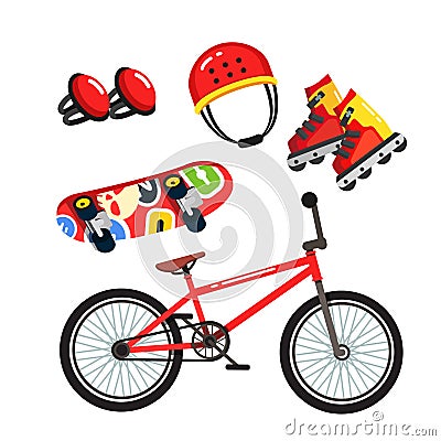 Street extreme sports gear set, bike, skates Vector Illustration