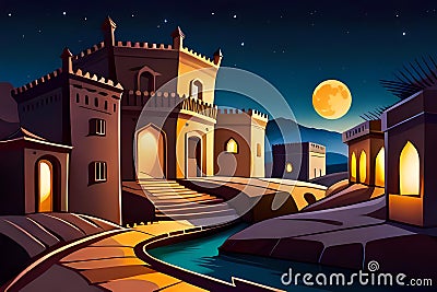 Street at fairytale medieval arabian town at night Cartoon Illustration