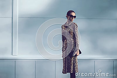 Street fashion concept - pretty elegant woman in leopard dress Stock Photo