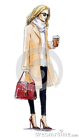 Street fashion. fashion illustration of a blond girl in a coat. Autumn look. watercolor painting. Cartoon Illustration