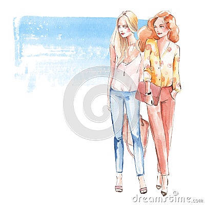 Street fashion 1. Girls. Watercolor illustration Stock Photo