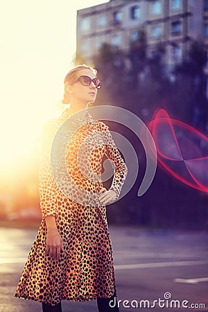 Street fashion photo, stylish woman in a dress Stock Photo