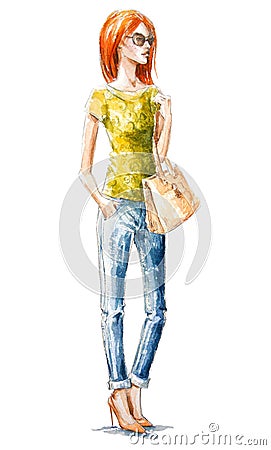 Street fashion. Summer look. watercolor painting Stock Photo