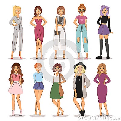 Street fashion woman models hand drawn style fashionable stylish girl characters clothes looks vector illustration Vector Illustration