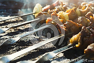 Street fast food festival, beef and chicken kebab at grill Stock Photo