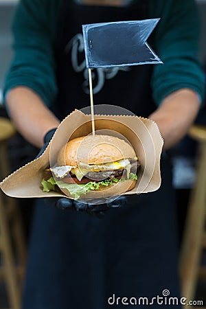 Street fast food festival, hamburger with beef Stock Photo