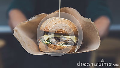 Street fast food festival, hamburger with bbq grilled steak Stock Photo