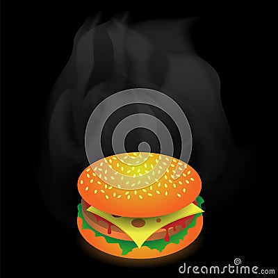 Street Fast Food. Fresh Hamburger. Unhealthy High Calories Meal. Sandwich with Cheese Vector Illustration