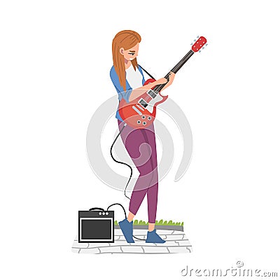 Street Female Musician Playing Electric Guitar, Live Performance Cartoon Style Vector Illustration Vector Illustration