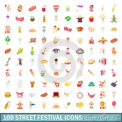 100 street festival icons set, cartoon style Vector Illustration