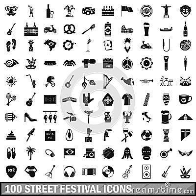 100 street festival icons set, simple style Vector Illustration