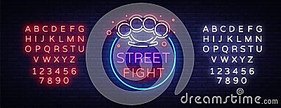 Street fight logo in neon style. Fight Club neon sign. Logo with brass knuckles. Sports neon sign on night fighting, MMA Vector Illustration