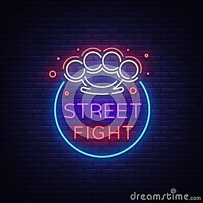 Street fight logo in neon style. Fight Club neon sign. Logo with brass knuckles. Sports neon sign on night fighting Vector Illustration