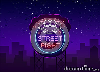 Street fight logo in neon style. Fight Club neon sign. Logo with brass knuckles. Sports neon sign on night fighting Vector Illustration