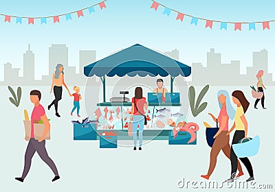 Street fishmarket flat illustration. People walk summer fair, outdoor market stall with seafood. Fresh sea food trade tent, fish Vector Illustration