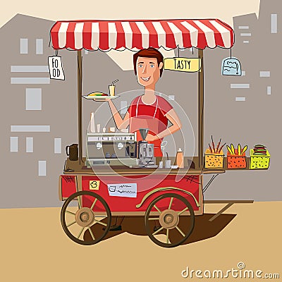 Street food, cart, coffee machine, fast food, cook Cartoon Illustration