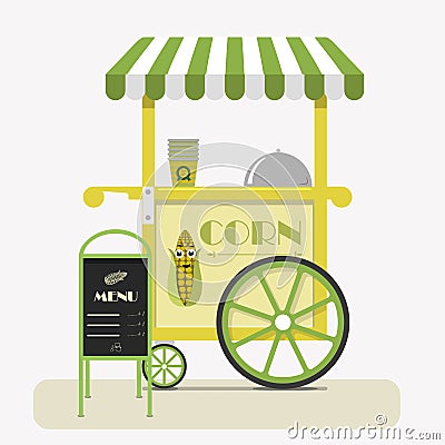 Street food cart with sweet corn. Flat vector illustration of a cute cart selling corn in cups at fairs, street, Park Vector Illustration