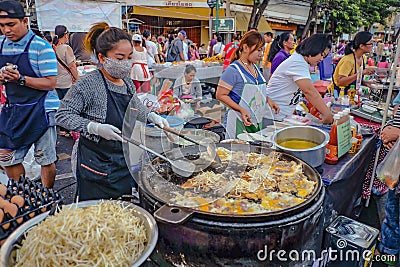 Street Food Chef Cooking Thailand Street Food `hoi top` or Crispy Mussel and Beansprout Pancake in english name Editorial Stock Photo