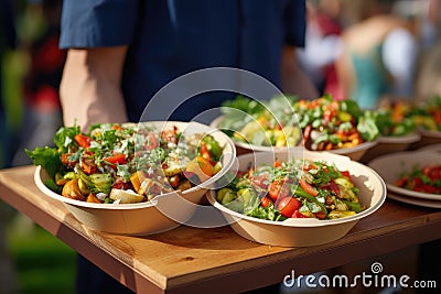 Street food festival, catering service. Vegetable salads in paper plates sold outdoors at market place Stock Photo