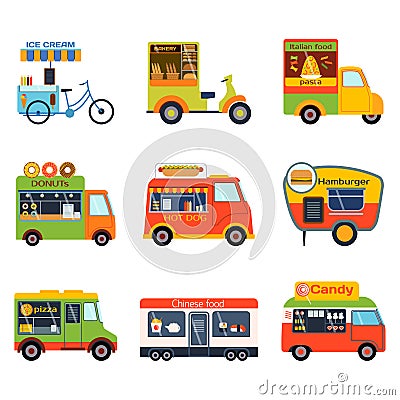 Street food festival color trailer vector restaurant car. Vector Illustration