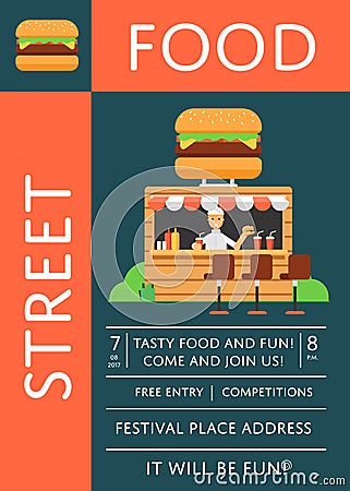 Street food festival invitation with burger cafe Vector Illustration