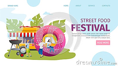 Street food festival landing page, vector illustration. Cafe service, outdoor business truck at website concept. People Vector Illustration