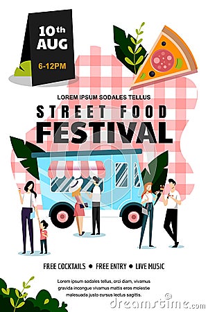 Street food festival poster or banner design template. Summer weekend and events outdoor leisure. Vector illustration Vector Illustration