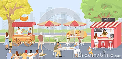 Street food festival vector scene with happy eating people Vector Illustration