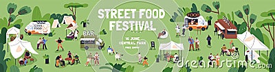 Street food festival, web banner design. Open-air summer fest, long promotion background. Modern outdoor holiday Vector Illustration