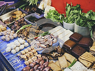Street Food Fish ball Tofu Meat Vegetable Taiwanese food in market Stock Photo