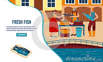 Street food fish stall web banner vector illustration with gipertrof people buying fresh fish from kiosk counter. Vector Illustration