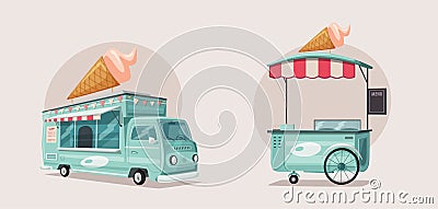 Street food or ice cream vendor truck. Cartoon vector illustration Vector Illustration