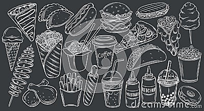 Street food icons on black chalkboard, vector monochrome outline hand drawn illustration for takeaway cafe menu design Vector Illustration