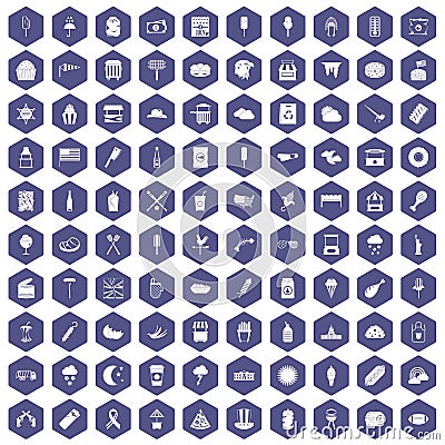 100 street food icons hexagon purple Vector Illustration