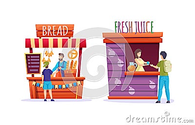 Street food kiosk marketplace. Outdoor trade local market with fruits, fresh juice, bakery. Ready takeaway meal cafe kiosks Vector Illustration