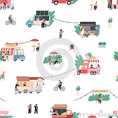 Street food pattern. Seamless texture of gastronomic fair with mobile cafes. People buy and eat snacks on street. Happy Vector Illustration