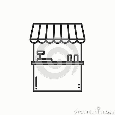 Street food retail thin line icons set. Food kiosk, market stall, mobile cafe, shop, trade cart. Vector style linear Vector Illustration