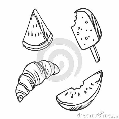 Street food set vector illustration, hand drawing doodle. Croissant, ice cream and watermelon slice Vector Illustration
