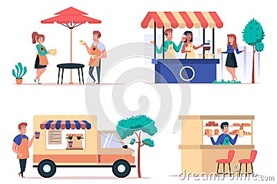 Street food shop isolated elements set. Bundle of cafe with waiters, sale of coffee in kiosk and car, bakery shop, people buy Vector Illustration